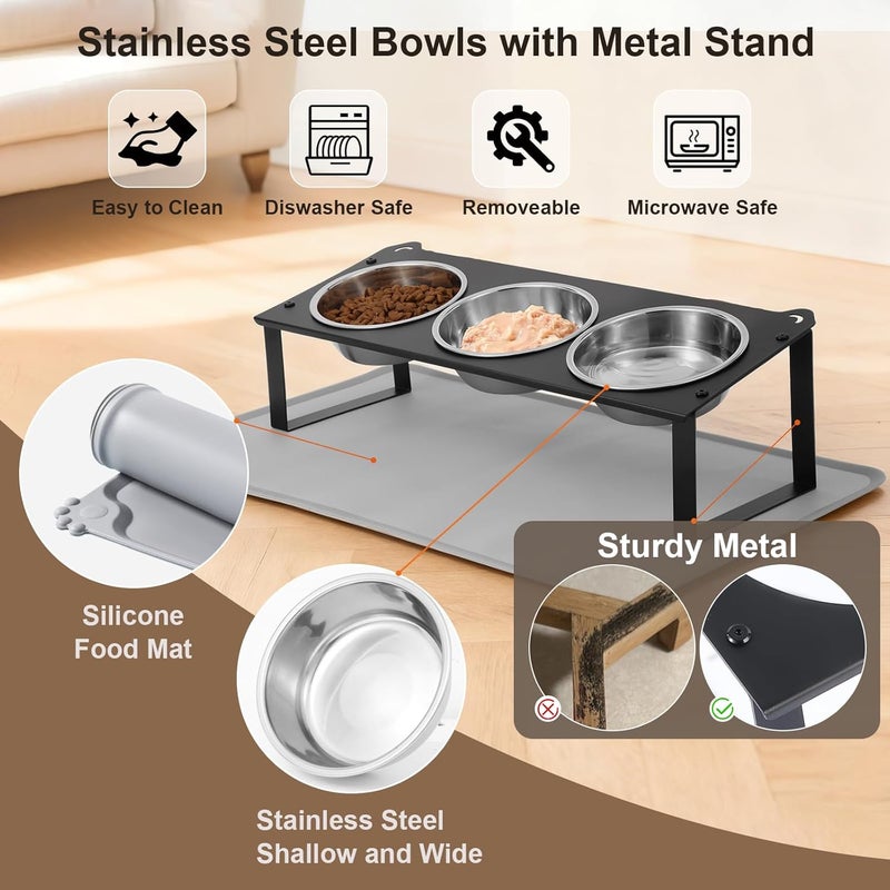 HOVNKUT Elevated Cat Bowls with Food Mat, 10°Tilted Non-Slip Raised Cat Food Water Bowls Set, 3 Thick Stainless Steel Pets Dishes with Cute Metal Feeding Stand for Indoor Kitten Puppy, Anti-Vomiting - Image 4